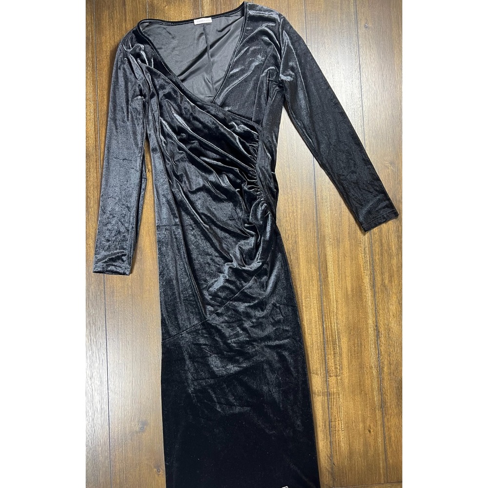 Zaberry Black Velvet Wrap V-Neck Ruched Long Sleeve Midi Dress XL